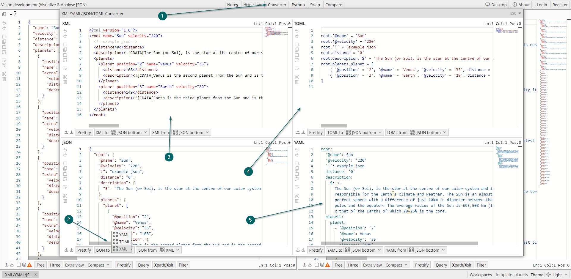 Convert JSON online to/from XML, YAML and TOML